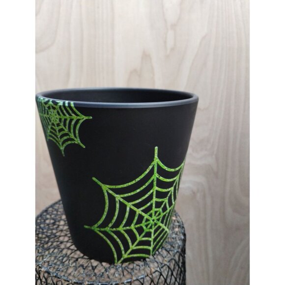 Black Plant Pot With Green Spider Web Design 5 Inches Halloween Themed Decor Pot - Picture 3 of 7